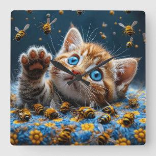 Relógio Quadrado Gatinho Fofo Interagindo com Abelhas