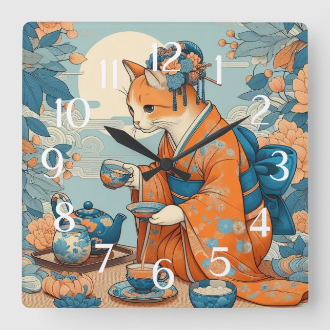 Relógio Quadrado Gatinho Kimono com azul-laranja japonês (Frente)