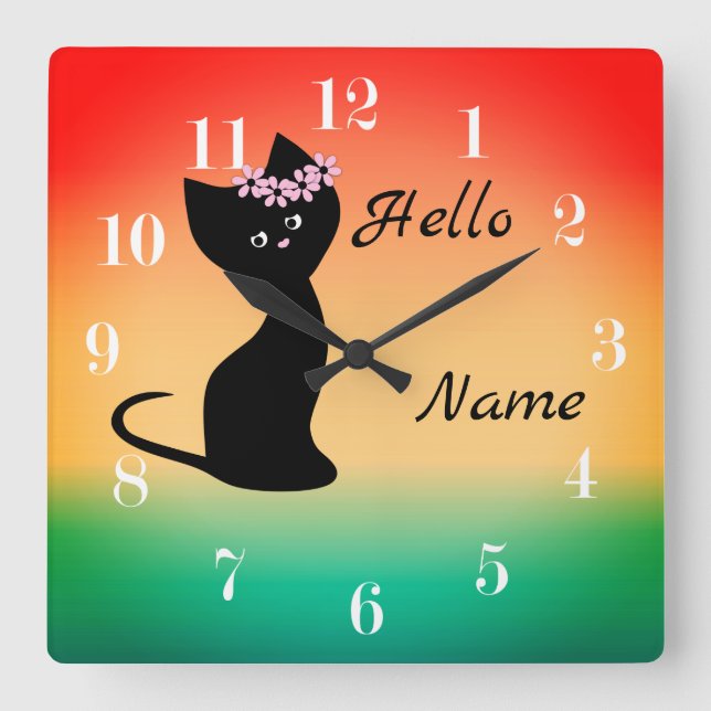 Relógio Quadrado Gatinho preto e bonito, com gradiente de coral azu (Frente)