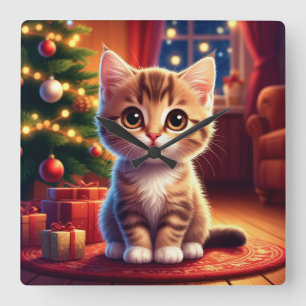 Relógio Quadrado Gatinho Sentado ao Lado da Árvore de Natal Ilumina