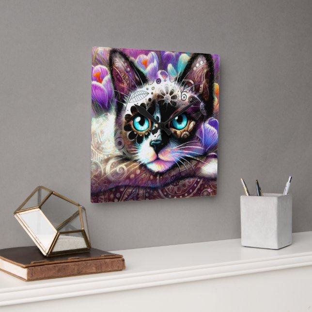 Relógio Quadrado Gatinho Siamês Gato Crocus Floral Purple Teal Whit (Escritório)