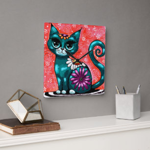 Relógio Quadrado Gatinho Whimsso Sentado em Rã Teal Floral