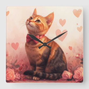 Relógio Quadrado Gato Abissínio com Rosas - Dia dos Namorados