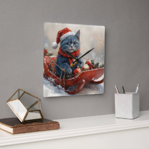 Relógio Quadrado Gato Azul Oriental no Trenó Deixe Nevar Natal