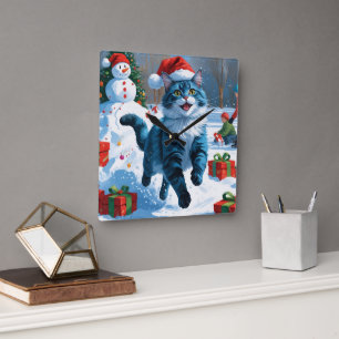 Relógio Quadrado Gato Azul Oriental Sentado na Neve com Chapéu de N