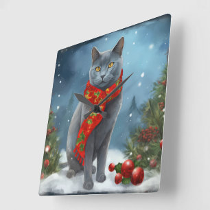 Relógio Quadrado Gato Azul Russo no Natal com Neve