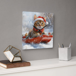 Relógio Quadrado Gato Bengal em Trenó Deixe Nevar Natal