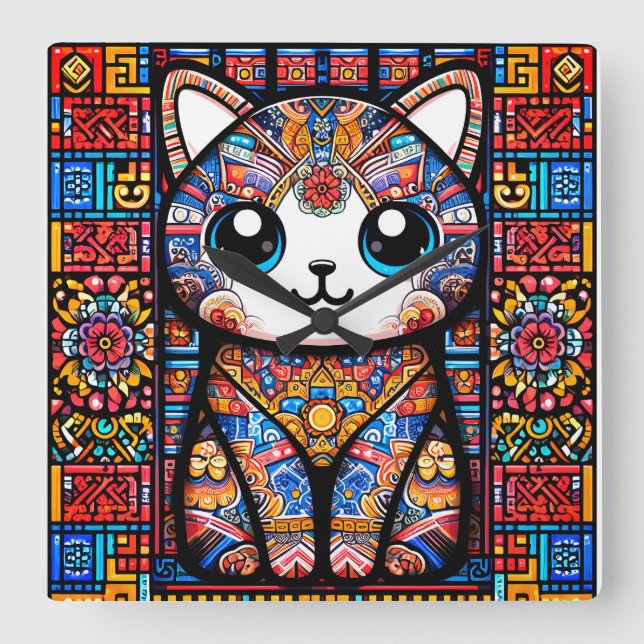 Relógio Quadrado Gato Bonito com Charme de Padrão Tradicional (Frente)
