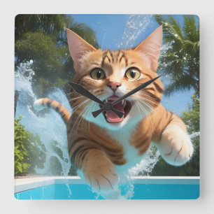 Relógio Quadrado Gato Bonito Nadando Engraçado na Piscina