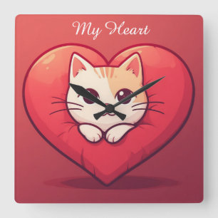 Relógio Quadrado Gato Branco Fofo com Coração Desenho de Kawaii Kit