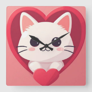 Relógio Quadrado Gato Branco Fofo com Coração Desenho de Kawaii Kit