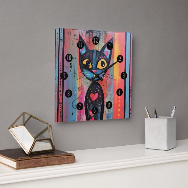 Relógio Quadrado Gato Colorido de Olhos Amarelos Abstrato (Escritório)
