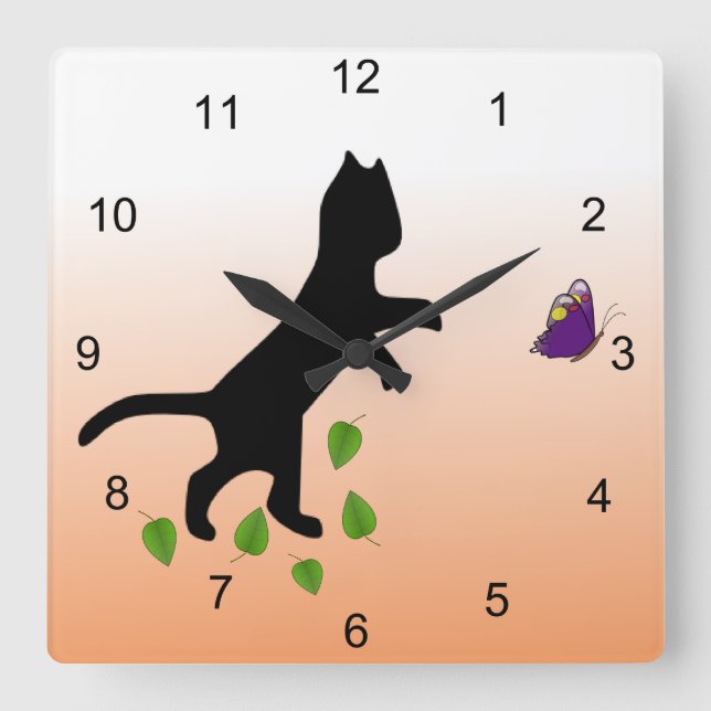 Relógio Quadrado Gato com borboleta (Frente)