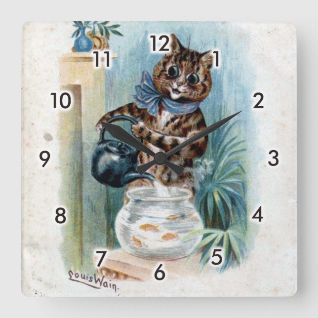 Relógio Quadrado Gato com chaleira, Louis Wain (Frente)