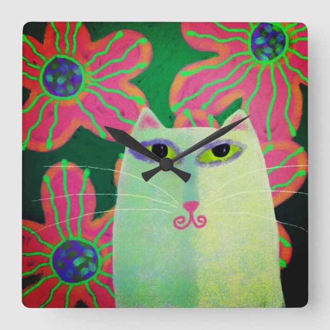 Relógio Quadrado Gato com Flores Arte Abstrata (Frente)