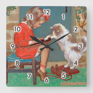 Relógio Quadrado Gato com uma menina, Jessie Willcox Smith