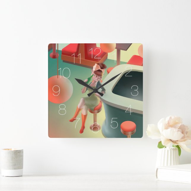 Relógio Quadrado Gato de Bebendo no Bar Square Wall Clock (Lar)