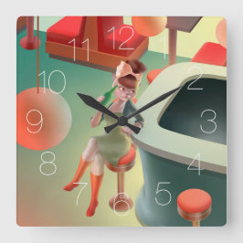 Relógio Quadrado Gato de Bebendo no Bar Square Wall Clock