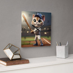 Relógio Quadrado Gato de Beisebol Engraçado,