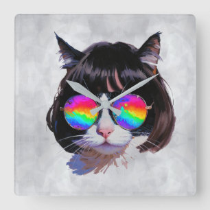 Relógio Quadrado Gato de Cabelo Postiço + Óculos de Sol (Pintura #1