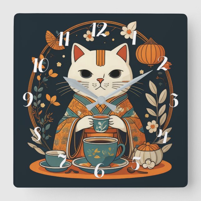 Relógio Quadrado Gato de Chá Time Japonês Square Wall Clock (Frente)