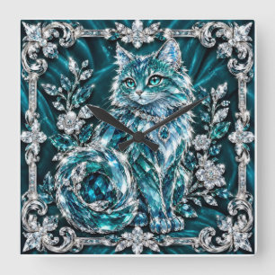 Relógio Quadrado Gato de Cristal Turquesa Luxuoso Moldura de Prat