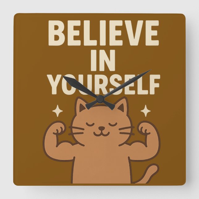 Relógio Quadrado Gato de Flexível Motivacional - "Acredite em si me (Frente)