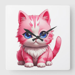 Relógio Quadrado Gato de Gatinho Rosa Gelado