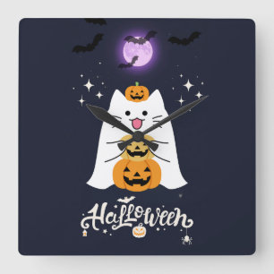 Relógio Quadrado Gato de Halloween ao Luar – Noite Assustadora e Do
