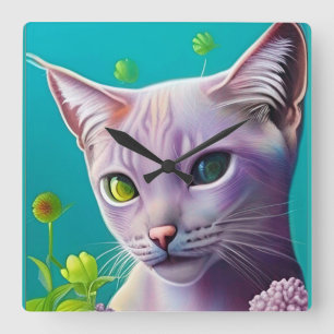Relógio Quadrado Gato de Lilac Siamese em flores lilás em Teal