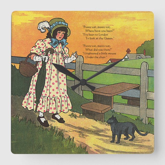 Relógio Quadrado Gato de merda onde você esteve? Madre Goose Rhyme (Frente)