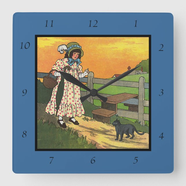 Relógio Quadrado Gato de merda onde você esteve? Madre Goose Rhyme (Frente)