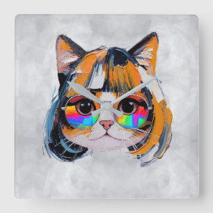 Relógio Quadrado Gato de Peruca + Óculos de Sol (Pintura #2)