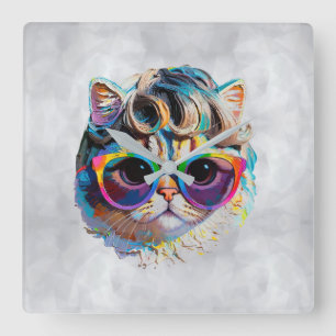 Relógio Quadrado Gato de Peruca + Óculos de Sol (Pintura #4)
