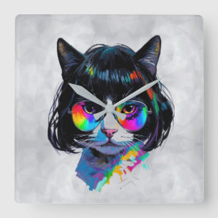 Relógio Quadrado Gato de Peruca + Óculos de Sol (Pintura #6)
