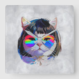 Relógio Quadrado Gato de Peruca + Óculos de Sol (Pintura #7)