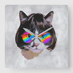 Relógio Quadrado Gato de Peruca + Óculos de Sol (Pintura #8)