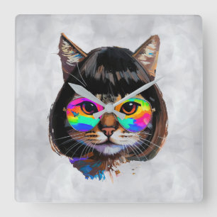 Relógio Quadrado Gato de Peruca + Óculos de Sol (Pintura #9)