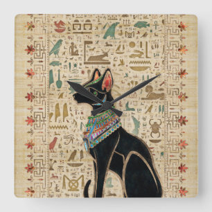 Relógio Quadrado Gato Egípcio - Bastet sobre papiro