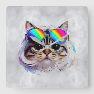 Relógio Quadrado Gato em uma Peruca + Óculos de Sol (Pintura #3)