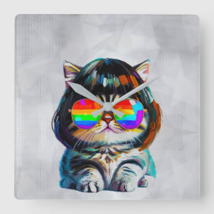 Relógio Quadrado Gato Engraçado Fofo Smol (Pintura Nº 4)