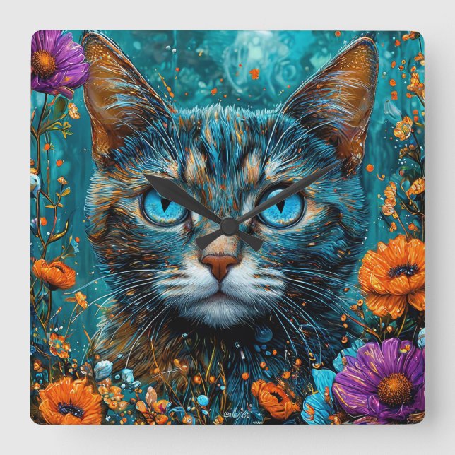 Relógio Quadrado Gato Floral Fofo (Frente)