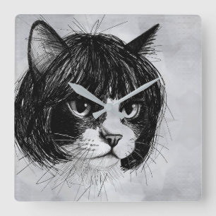 Relógio Quadrado Gato Fofo com Peruca (Estilo 10 +BG) Arte Refinada