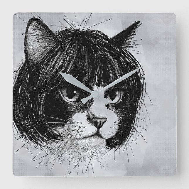 Relógio Quadrado Gato Fofo com Peruca (Estilo 10 +BG) Arte Refinada (Frente)