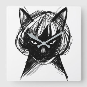 Relógio Quadrado Gato Fofo com Peruca (Estilo 6) Arte Refinada