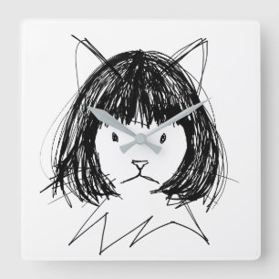 Relógio Quadrado Gato Fofo com Peruca (Estilo 7) Arte Refinada