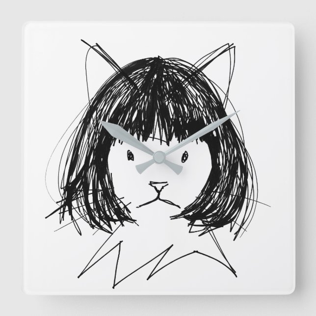 Relógio Quadrado Gato Fofo com Peruca (Estilo 7) Arte Refinada (Frente)