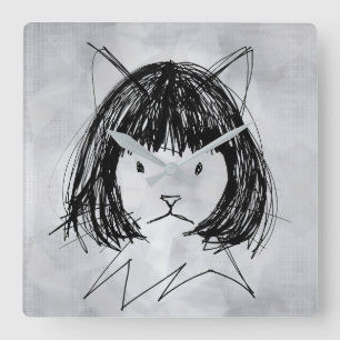 Relógio Quadrado Gato Fofo com Peruca (Estilo 7 +BG) Arte Refinada