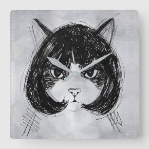Relógio Quadrado Gato Fofo com Peruca (Estilo 8 +BG) Arte Refinada