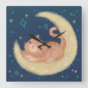 Relógio Quadrado Gato Fofo na Lua